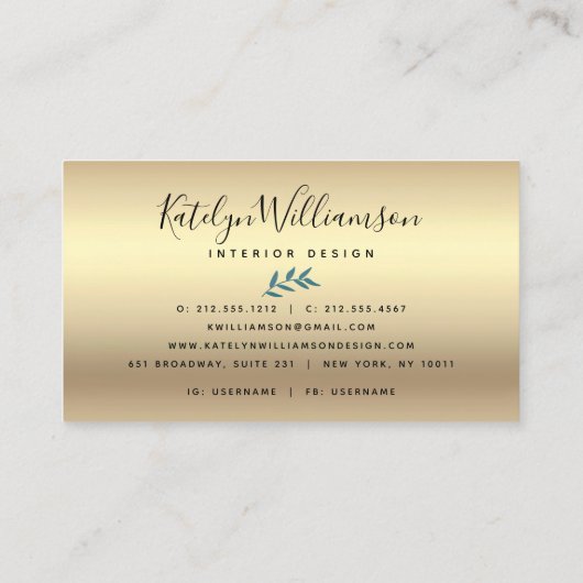 Tropisch palmgoud blauwgroen elegante scripttypogr visitekaartje (Achterkant)