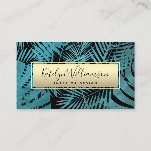 Tropisch palmgoud blauwgroen elegante scripttypogr visitekaartje (Voorkant)