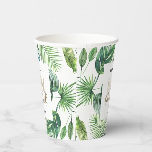 Tropisch palmgroen en goudscript vrijgezellenfeest papieren bekers (Rechts)