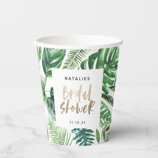 Tropisch palmgroen en goudscript vrijgezellenfeest papieren bekers (Voorkant)