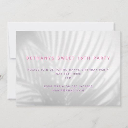 Tropisch palmgroen neonschrift, zoete 16 verjaarda save the date (Achterkant)