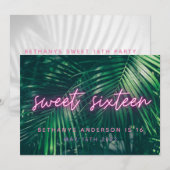 Tropisch palmgroen neonschrift, zoete 16 verjaarda save the date (Voorkant / Achterkant)