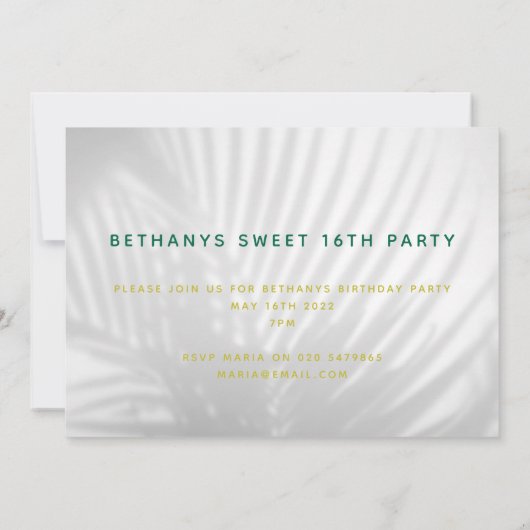 Tropisch palmgroen neonschrift, zoete 16 verjaarda save the date (Achterkant)