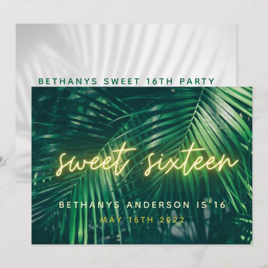 Tropisch palmgroen neonschrift, zoete 16 verjaarda save the date (Voorkant / Achterkant)