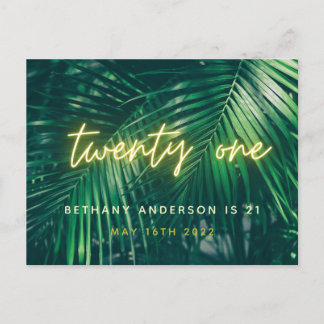 Tropisch palmgroen neonscript 21e verjaardag briefkaart