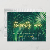 Tropisch palmgroen neonscript 21e verjaardag briefkaart (Voorkant / Achterkant)