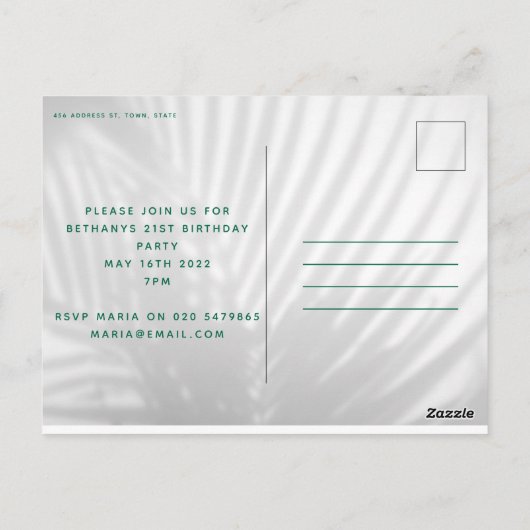 Tropisch palmgroen neonscript 21e verjaardag briefkaart (Achterkant)