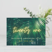 Tropisch palmgroen neonscript 21st verjaardagsdeel save the date (Staand voorkant)