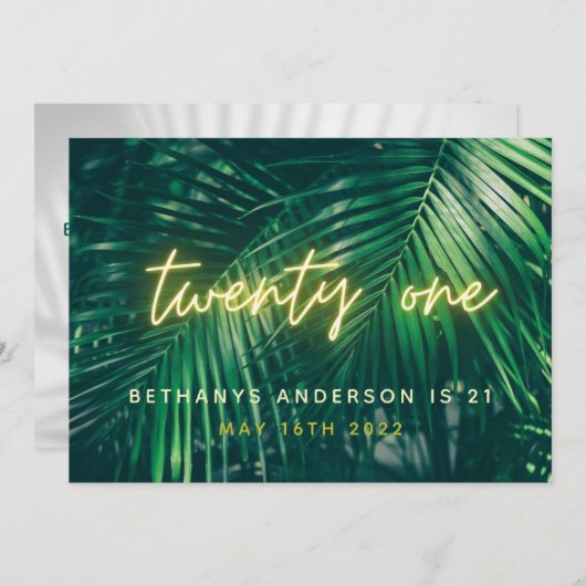 Tropisch palmgroen neonscript 21st verjaardagsdeel save the date (Voorkant / Achterkant)