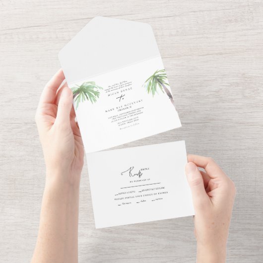 Tropisch palmhuwelijk all in one uitnodiging (Afscheurbaar)