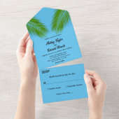 Tropisch palmlef blauw kuststrand bruiloft marine all in one uitnodiging (Afscheurbaar)