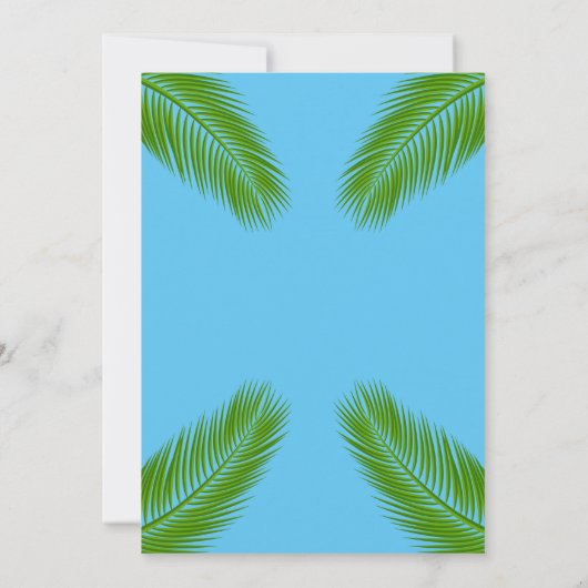 Tropisch palmlef blauw kuststrand bruiloft marine kaart (Achterkant)