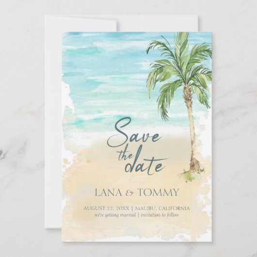 Tropisch palmstrand Waterverf bruiloft Save The Date (Voorkant)