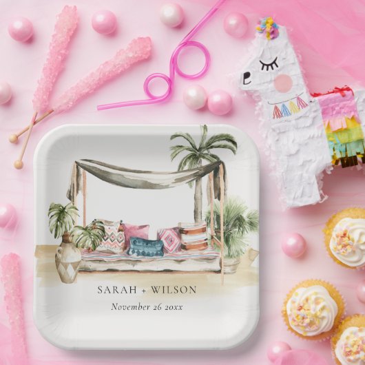 Tropisch palmstrand Waterverf Cabana Wedding Papieren Bordje (Feest)