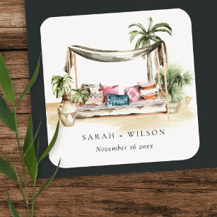 Tropisch palmstrand Waterverf Cabana Wedding Vierkante Sticker