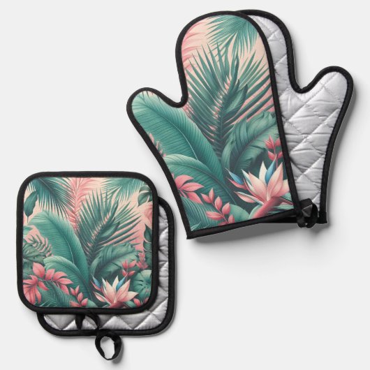 Tropisch Paradijs Botanisch Patroon Ovenwant & Pannenlap Set (Voorkant / Achterkant)