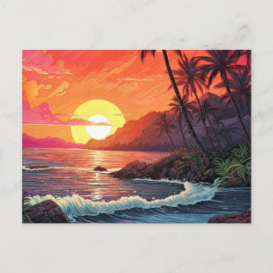 Tropisch paradijs-eiland met zonsondergang aan het briefkaart
