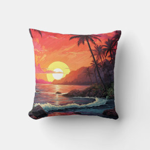 Tropisch paradijs-eiland met zonsondergang aan het kussen