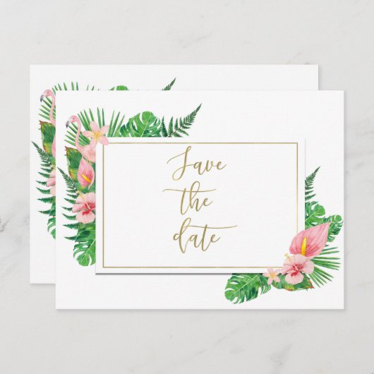 Tropisch Paradijs Flamingo Bladeren Bewaar de Datu Aankondigingskaart (Voorkant / Achterkant)