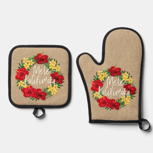 Tropisch paradijs Hawaiian Holiday Wreath Burlap Ovenwant & Pannenlap Set (Voorkant)