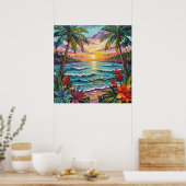 Tropisch Paradijs | Kust Strand Scène Impasto Poster (Keuken)