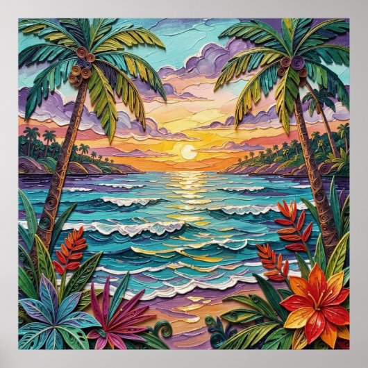 Tropisch Paradijs | Kust Strand Scène Impasto Poster (Voorkant)