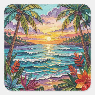 Tropisch Paradijs   Kust Strand Scène Impasto Vierkante Sticker