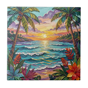 Tropisch Paradijs Kuststrand Scène Impasto Tegeltje
