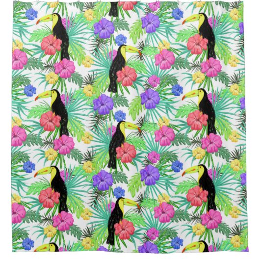 Tropisch paradijs met bloemen en papegaaien douchegordijn (Voorkant)