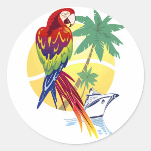Tropisch paradijs met Macaw en cruiseschip Ronde Sticker