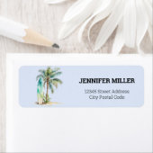 Tropisch paradijs met palmboom en surfplank etiket (Insitu)