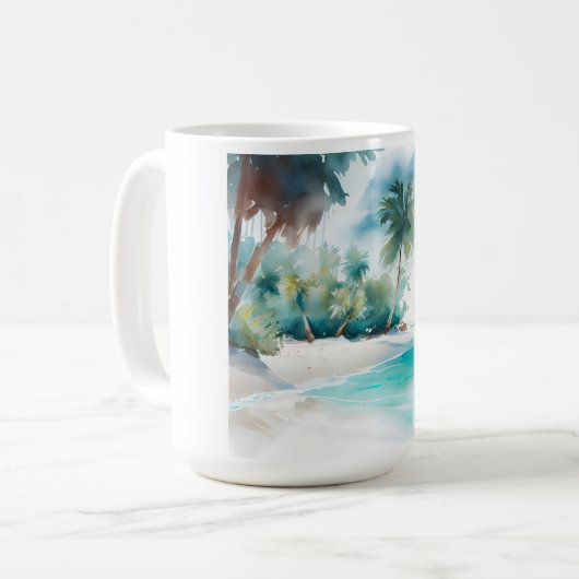 Tropisch paradijs met zandstrand en palmbomen koffiemok (Voorkant links)