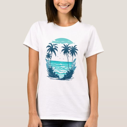 Tropisch paradijs: palmbomen op het strand t-shirt (Voorkant)