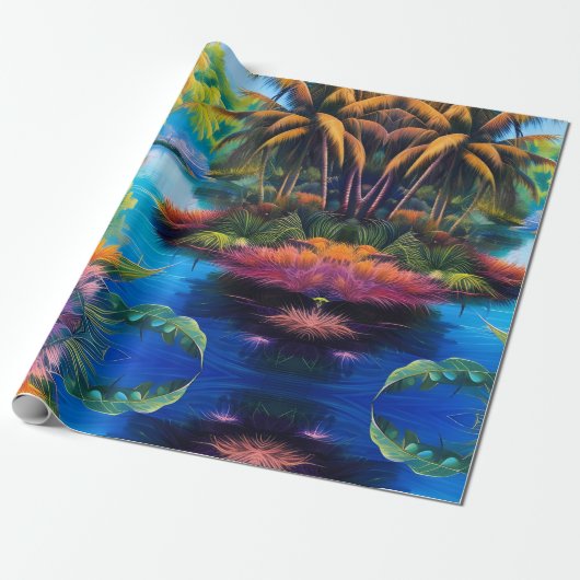 Tropisch paradijs reflectie cadeaupapier (Uitgerold)