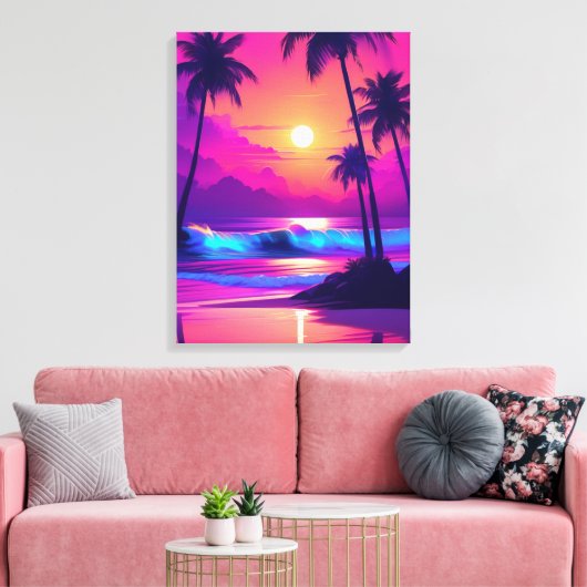 Tropisch paradijs: roze zonsondergang met palmbome canvas afdruk (Insitu (Woonkamer))