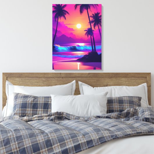Tropisch paradijs: roze zonsondergang met palmbome canvas afdruk (Insitu (Slaapkamer))