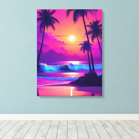 Tropisch paradijs: roze zonsondergang met palmbome canvas afdruk (Insitu (Houten vloer))