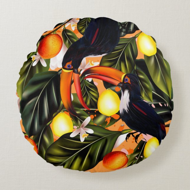 Tropisch paradijs.Toucans en citrus Rond Kussen (Voorkant)