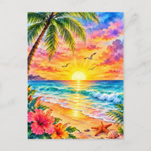 Tropisch Paradijs Zonsondergang Aquarel Strand Kun Briefkaart