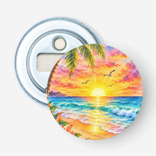 Tropisch Paradijs Zonsondergang Aquarel Strand Kun Button Flesopener
