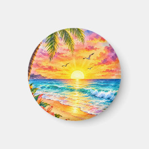 Tropisch Paradijs Zonsondergang Aquarel Strand Kun Magneet