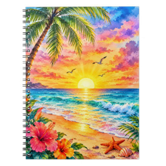 Tropisch Paradijs Zonsondergang Aquarel Strand Kun Notitieboek