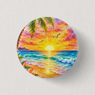 Tropisch Paradijs Zonsondergang Aquarel Strand Kun Ronde Button 3,2 Cm