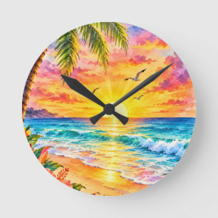 Tropisch Paradijs Zonsondergang Aquarel Strand Kun Ronde Klok