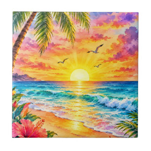 Tropisch Paradijs Zonsondergang Aquarel Strand Kun Tegeltje