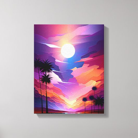 Tropisch paradijs: Zonsondergang palmen schilderij Canvas Afdruk (Voorkant)