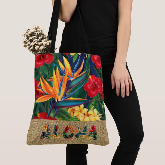 Tropisch Paradise Hawaiian Floral Faux Appliqué Tote Bag (Dichtbij)