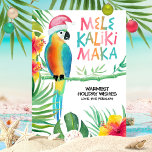 Tropisch Parrot Santa Mele Kalikimaka Hawaiian Feestdagenkaart<br><div class="desc">Stuur een tropische liefhebber met deze kerstkaart. Met een waterverf papegaai in een kersthoed en een typografie van "Mele Kalikimaka",  omhuld door palmbladeren en hibiscus-bloemen. Kunstwerk van KL Stock.</div>