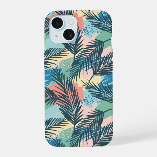 Tropisch pastelbladpatroon iPhone 15 case (Achterkant)