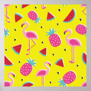 tropisch patronaat met roze ananas, flamingos, w poster